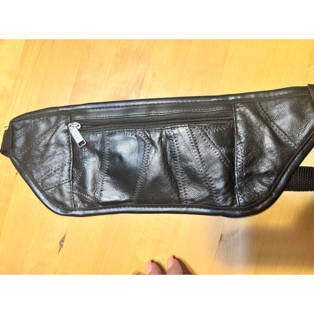 Isaka Black Leather Fanny Pack Patchwork Waist Bag Travel Hip Belt Pouch unisex